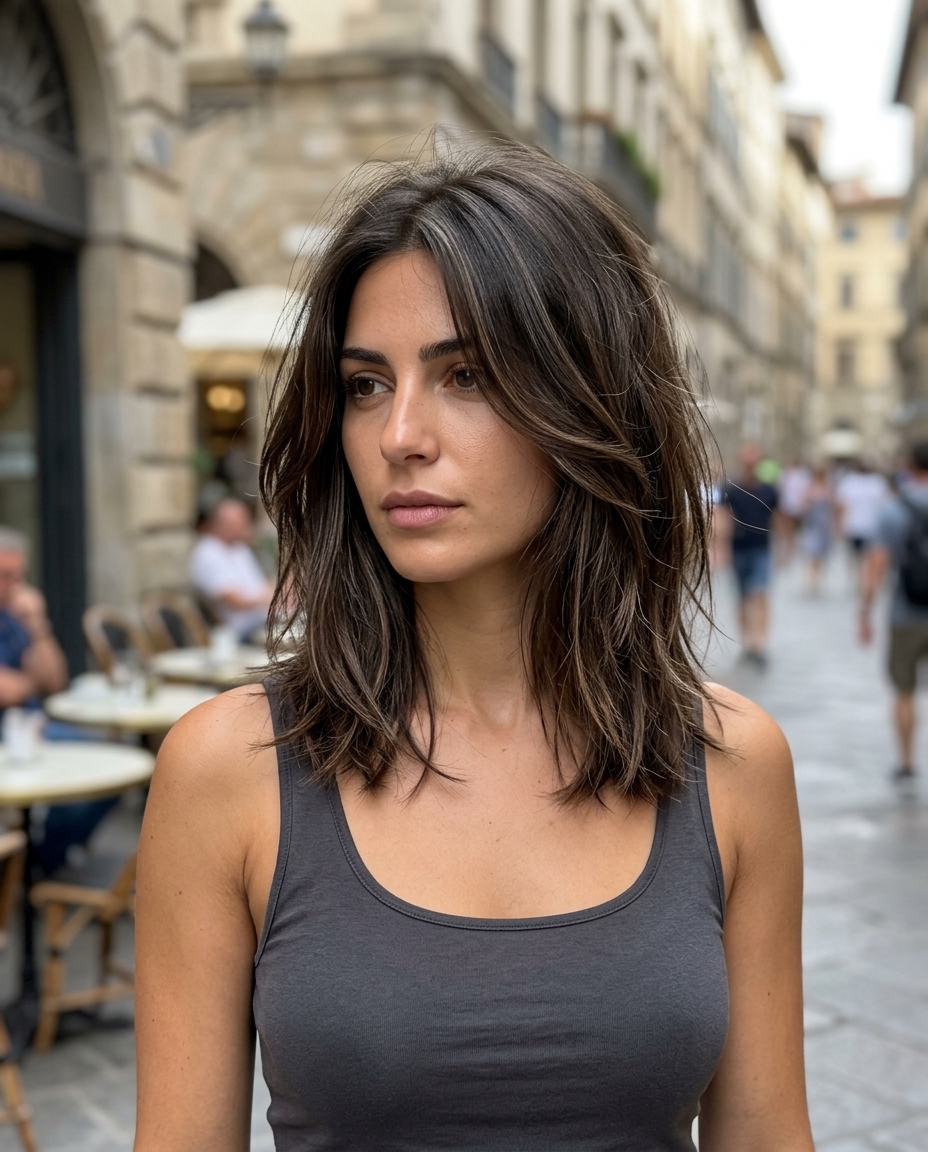 medium textured haircut with rich espresso brunette and ash brown highlights for summer