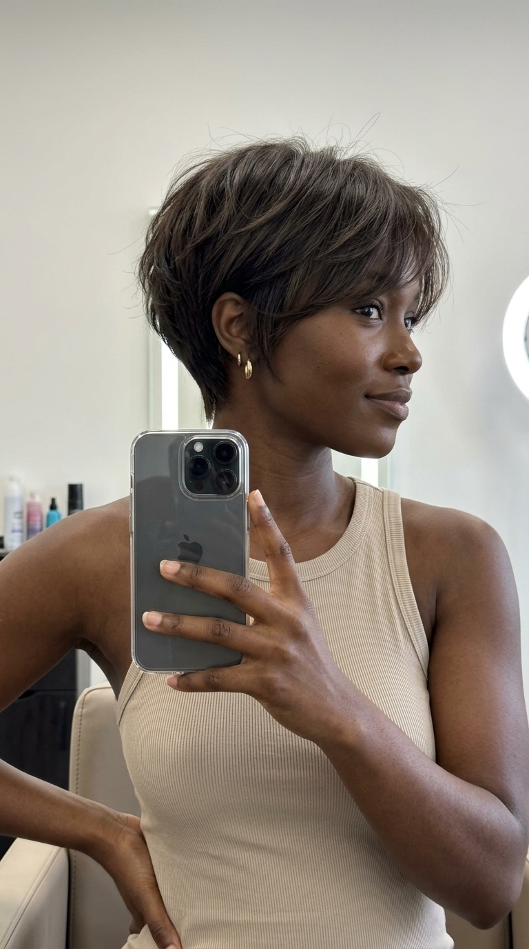 short espresso brunette bixie with choppy layers and side-swept fringe for edgy style
