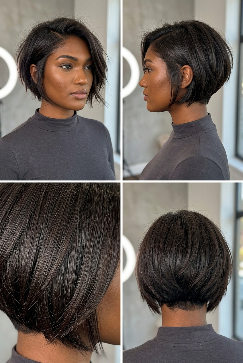short bob haircut with deep espresso brunette, hidden undercut and razored ends for edgy