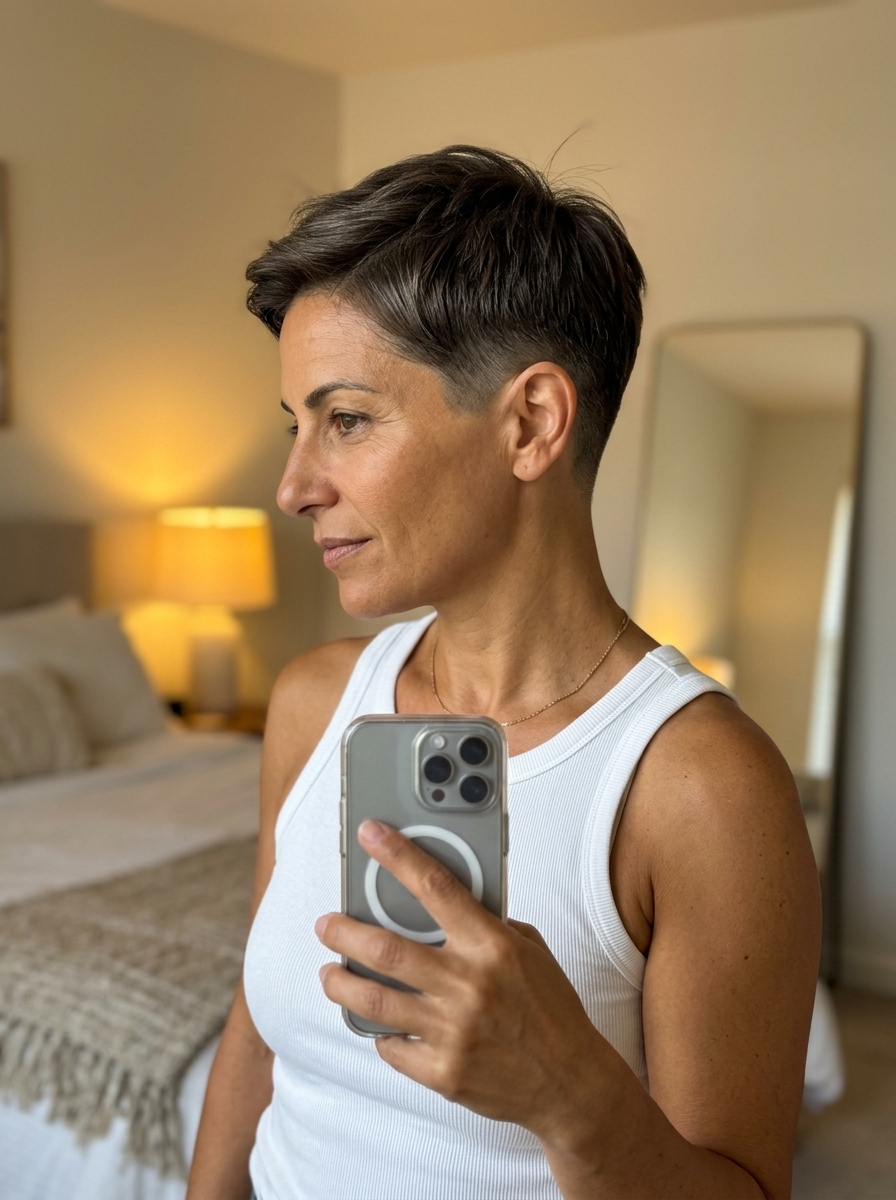 short crop haircut in espresso martini brunette with cool ash reflects for summer