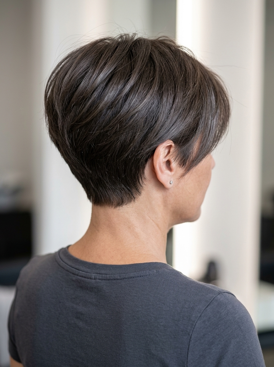 short pixie haircut with deep espresso brunette & cool ash, tapered sides, textured top for daily chic