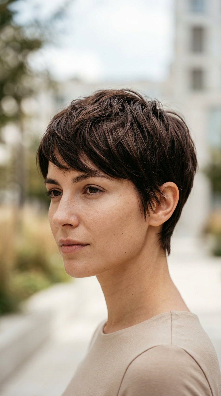 Espresso Pixie Haircut 2026 very short pixie haircut with espresso brunette, piecey layers for minimalist chic