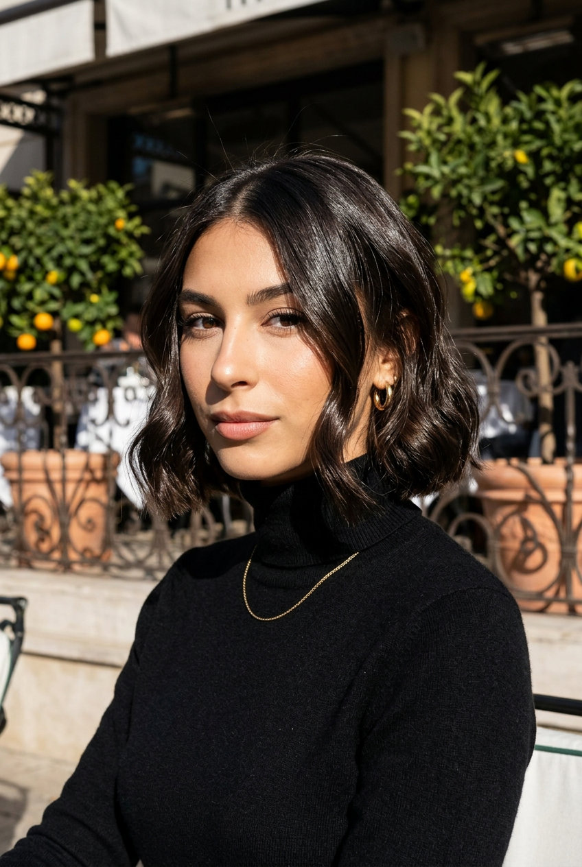 chin-length deep espresso wavy hairstyle with clear gloss overlay, blunt cut, and deep side part for summer