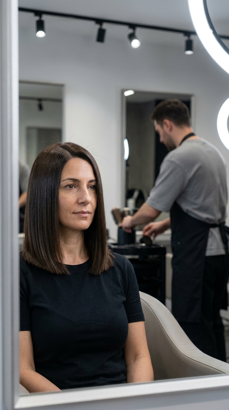 collarbone-length blunt bob haircut in Espresso Martini brunette with high-gloss finish for summer
