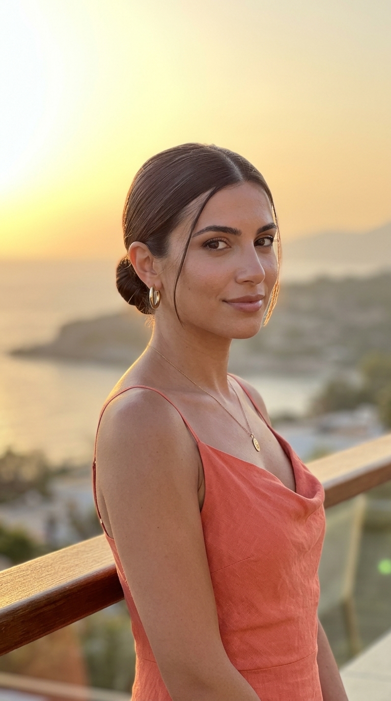 long espresso brunette sleek low bun with cool cocoa glaze, high-shine serum, no fringe — polished summer wedding guest