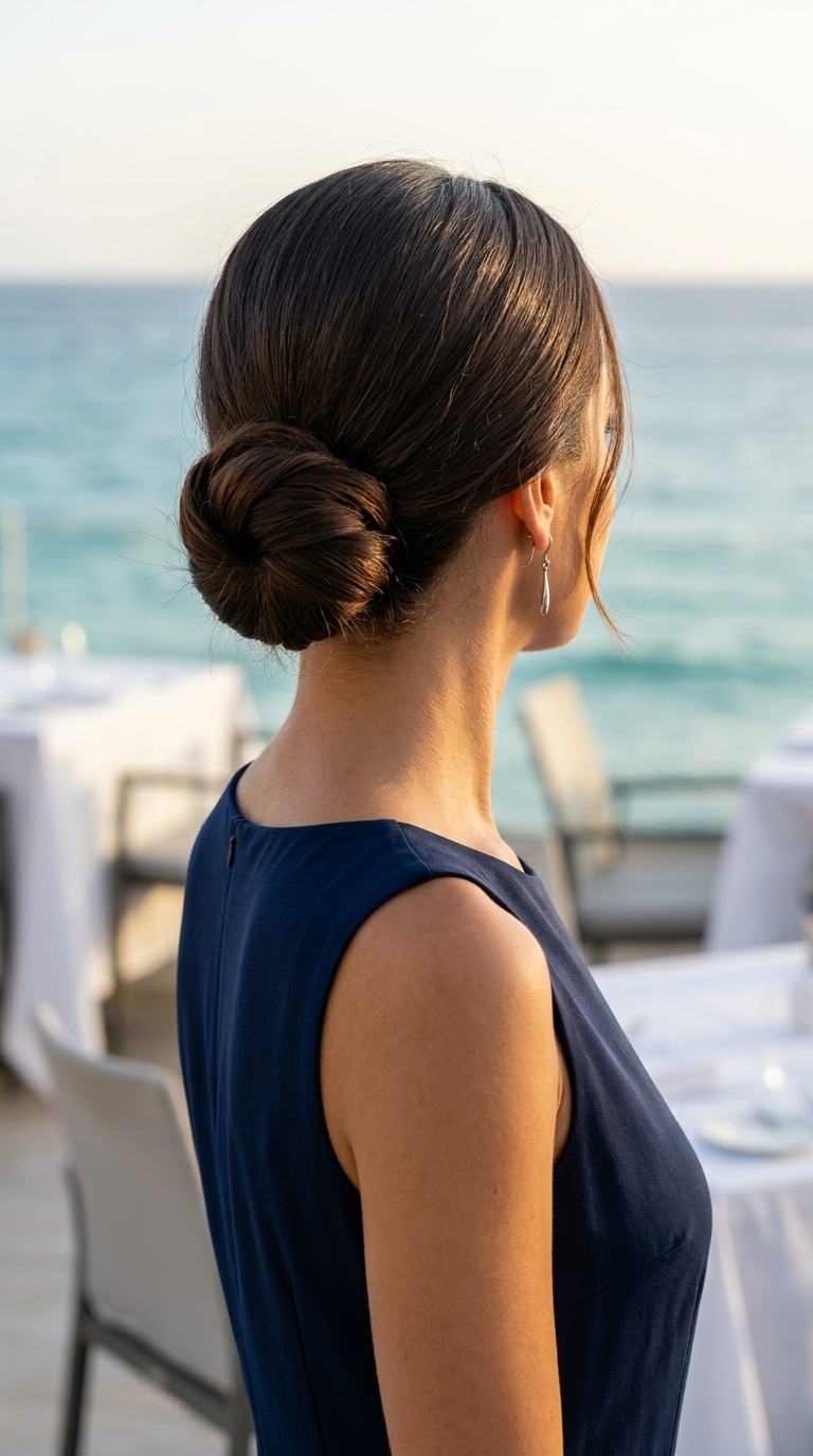 long espresso brunette twisted low bun with cool cocoa glaze, smoothing serum, deep side part — sophisticated summer evening