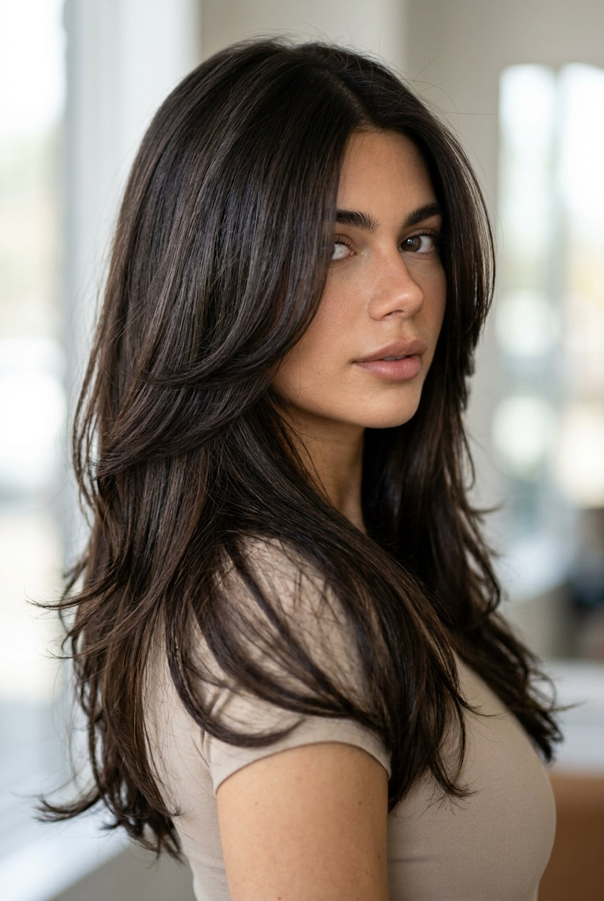 long espresso butterfly haircut with razor-cut V-shape back and high-gloss finish for sophisticated look