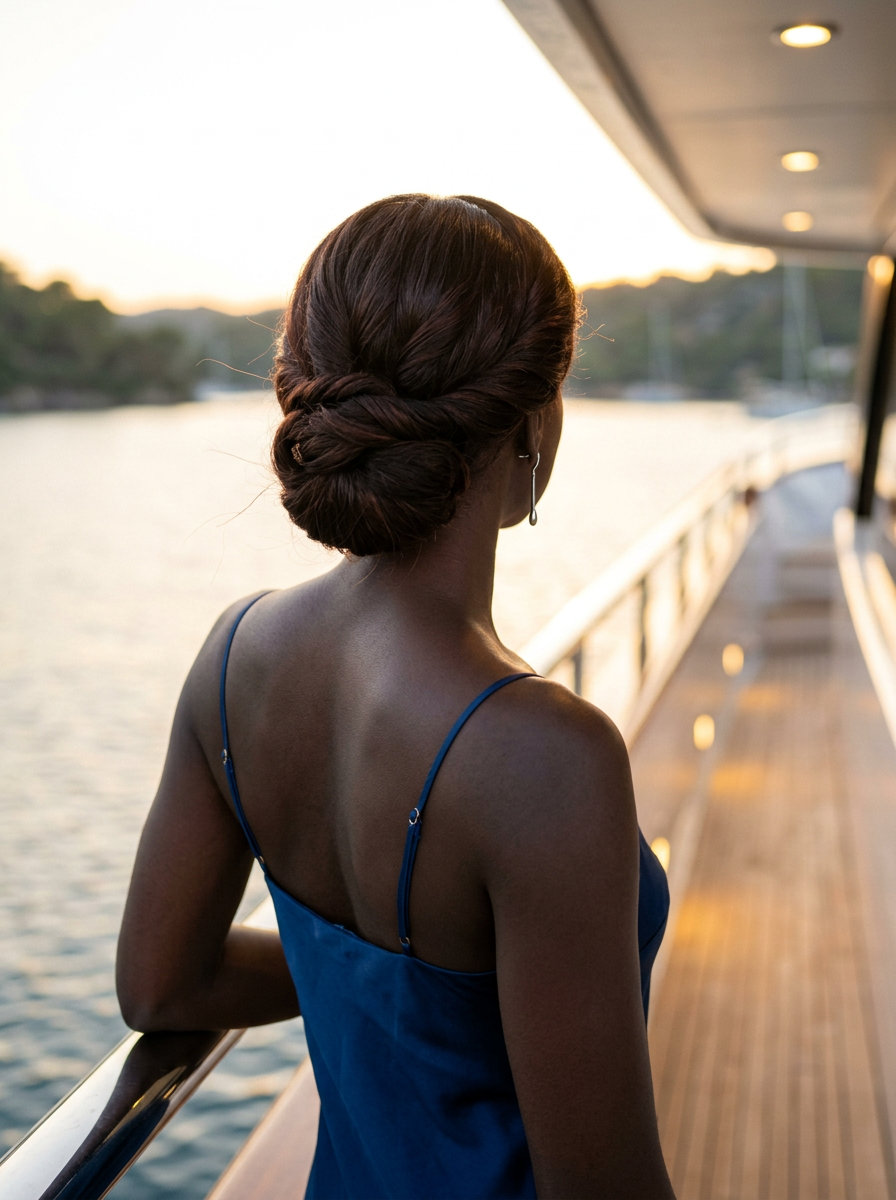 long espresso brunette twisted chignon with subtle caramel undertones for summer wedding guest