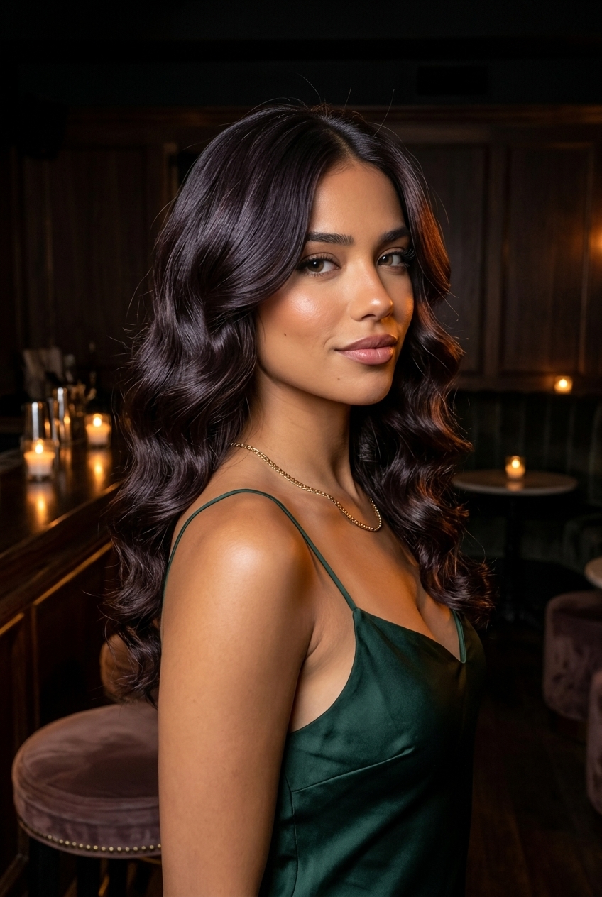 long espresso layered cut with cool violet undertones for summer