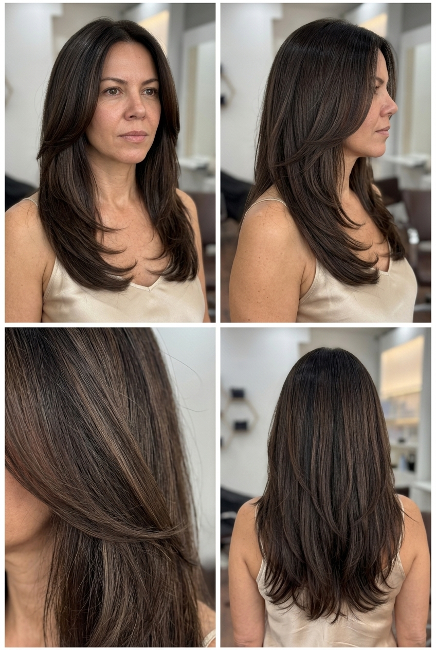 long layered haircut in deep espresso with mocha undertones for sophisticated luxury