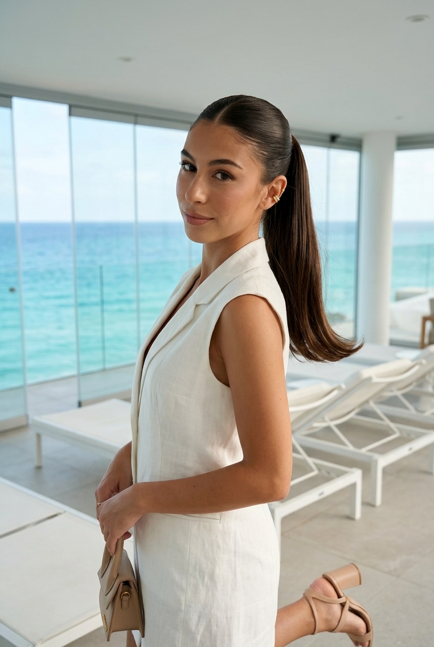 long rich espresso brunette ponytail with wrapped elastic, sleek finish, no fringe — professional event