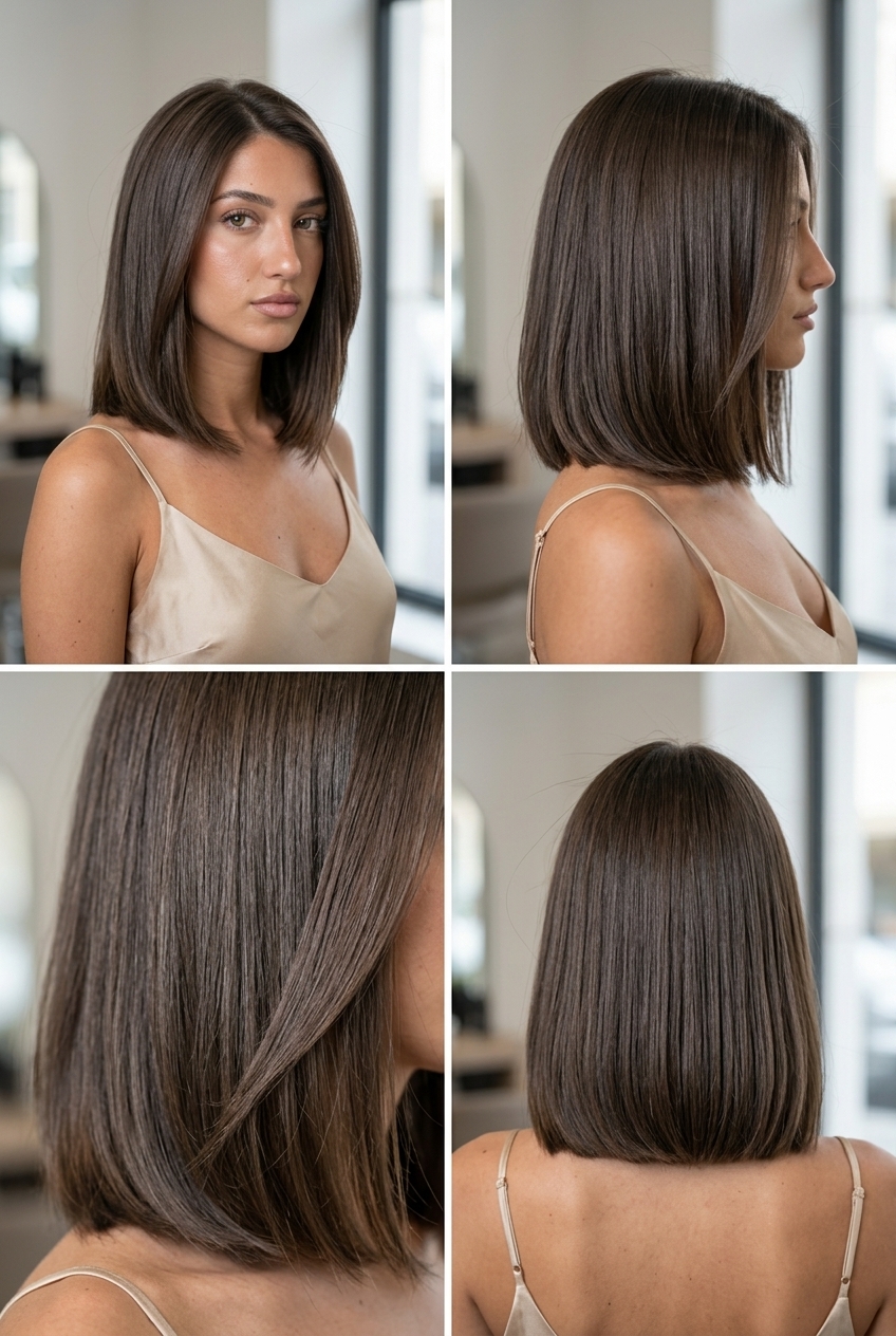 medium blunt lob haircut in espresso martini brunette with root smudge for elegant occasions