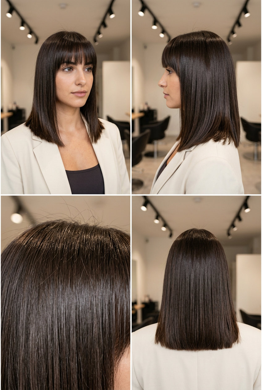 mid-length blunt cut with espresso martini brunette, razor-sharp bangs — sophisticated and bold