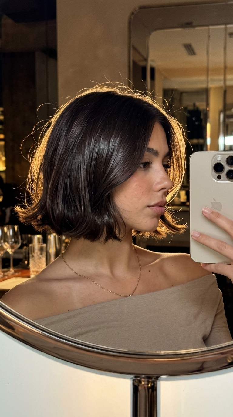 short espresso martini bob with cocoa undertones and piecey flicks for concert