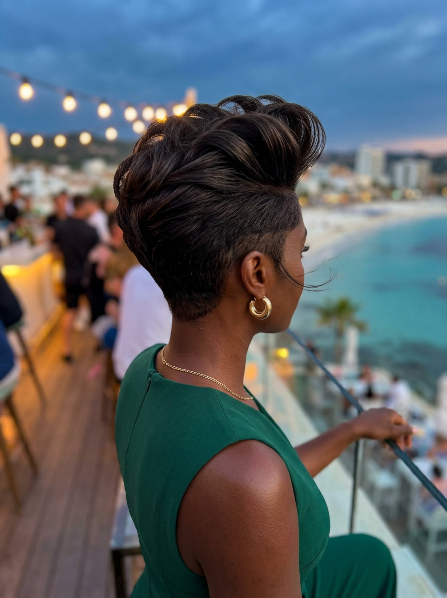 short deep espresso martini quiff with cocoa undertones and sculpted waves for a night out