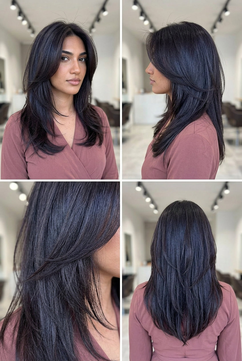 medium-long butterfly haircut with deep espresso and blue-violet undertones for edgy statement