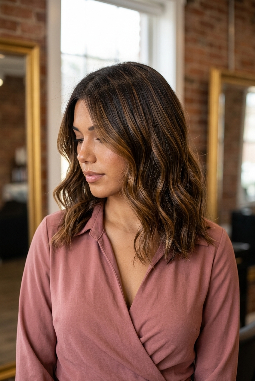 medium-length layered hair color with espresso brunette, amber-gold midlights, no fringe — romantic summer getaway