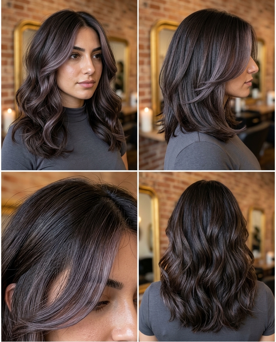 long face-framing layered midnight brunette with espresso shadow root, cool dark brunette money pieces, no fringe — modern glamour