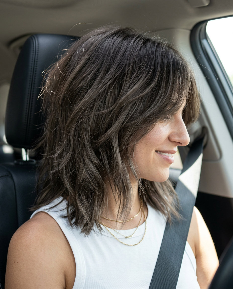 Espresso Mushroom Shag 2026: Textured Cool medium shag espresso mushroom brown with deep ash brown, razored layers, optional curtain bangs — edgy textured