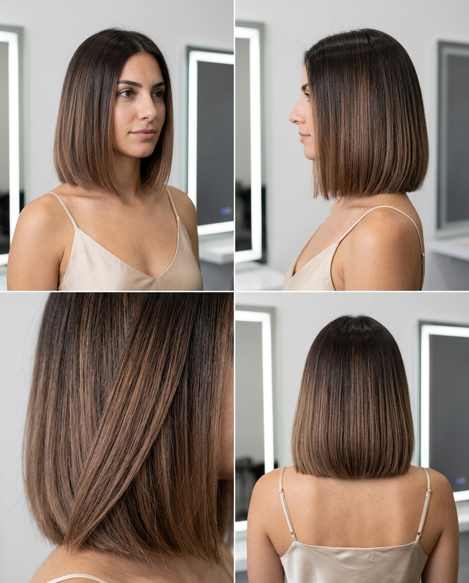 long espresso to pecan ombre with soft blend, clear gloss — minimalist elegant