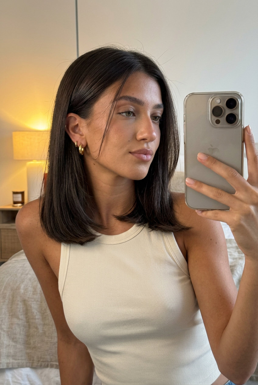 collarbone-length espresso roast midi haircut with blunt ends, deep cool brown gloss — sophisticated sleek