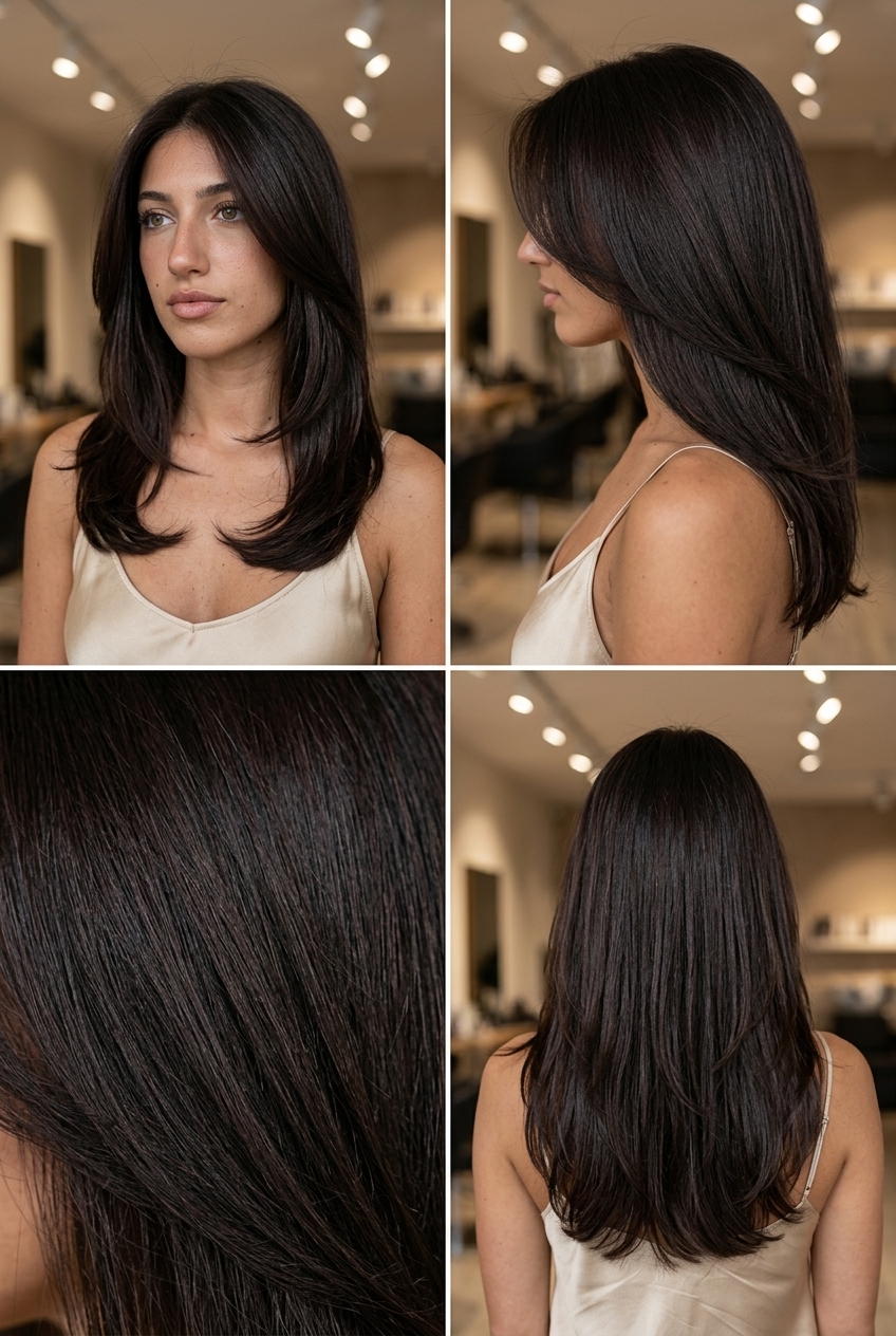 long layered haircut with soft U-cut back, deep espresso brown with cool mahogany undertone, glass-like shine — sophisticated elegant