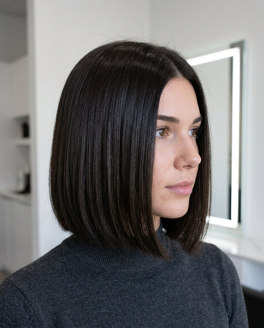 short espresso roast Italian bob haircut with blunt ends, deep cool brown gloss — sophisticated polished