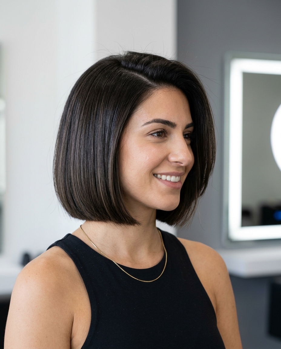 short espresso brunette bixie haircut with blunt lines and deep side part for sophisticated style