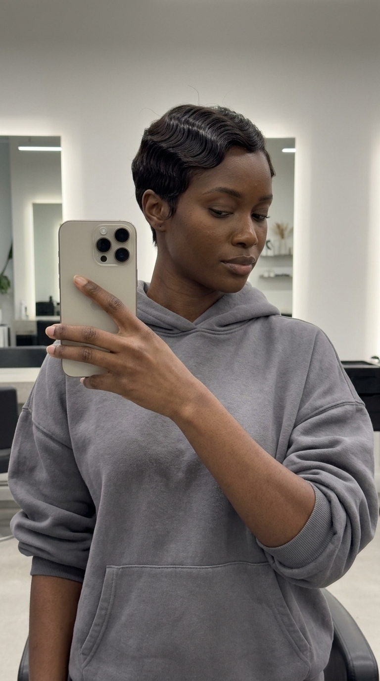 short espresso brunette bixie haircut with finger waves and tapered nape for retro glamour