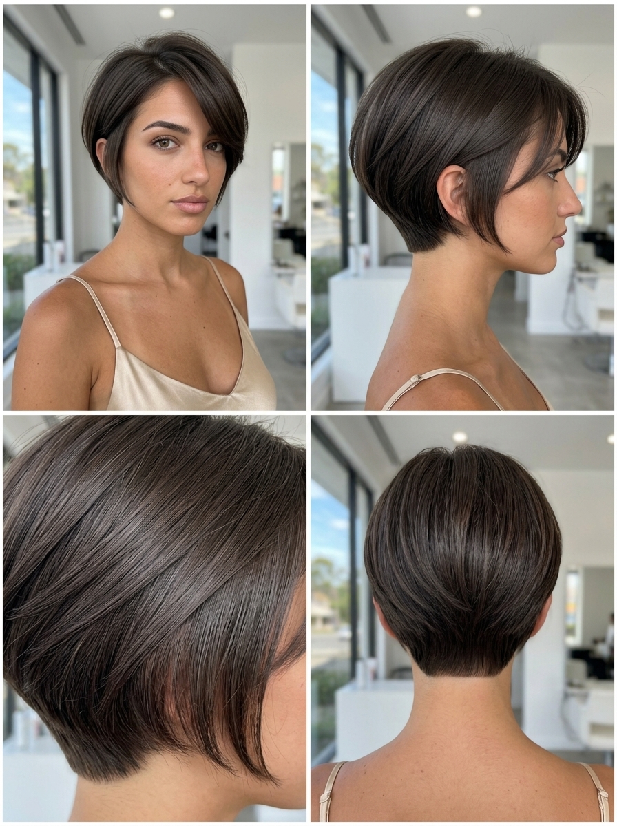 short espresso brunette bixie haircut with high-gloss finish and deep side part for professional settings