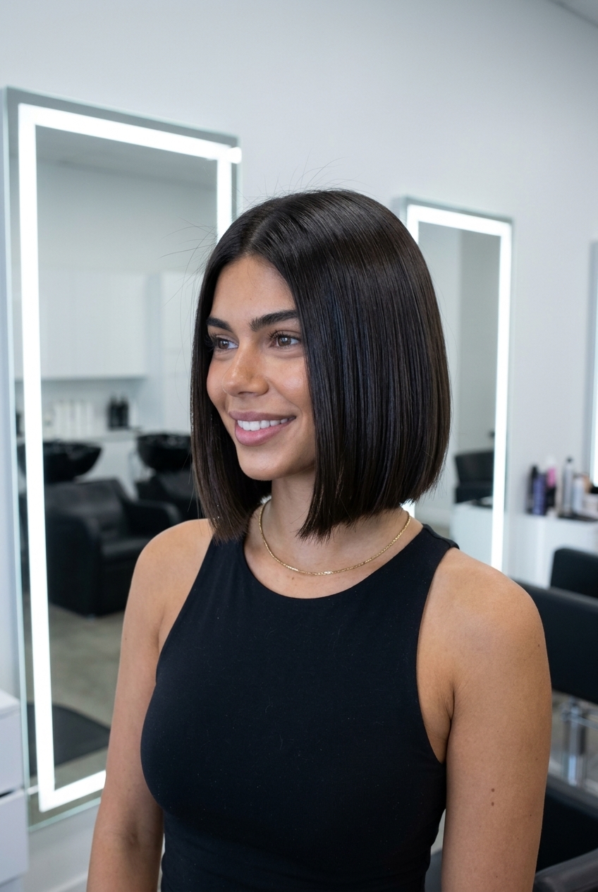 short espresso bob haircut with deep cool brunette, razored blunt perimeter for professional interview