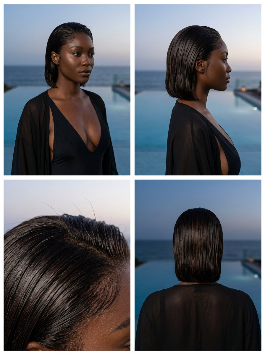 short midnight espresso bob with wet look finish and no fringe — edgy glamorous style