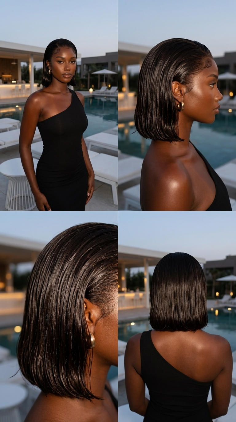 short espresso brunette wet bob with high gloss for fashion event