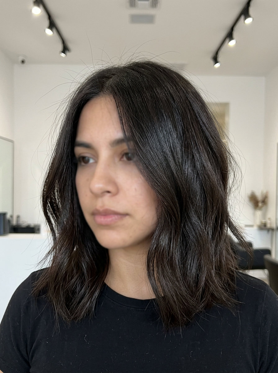 shoulder-length lob haircut with deep espresso brunette, cool undertones, textured layers — modern minimal chic