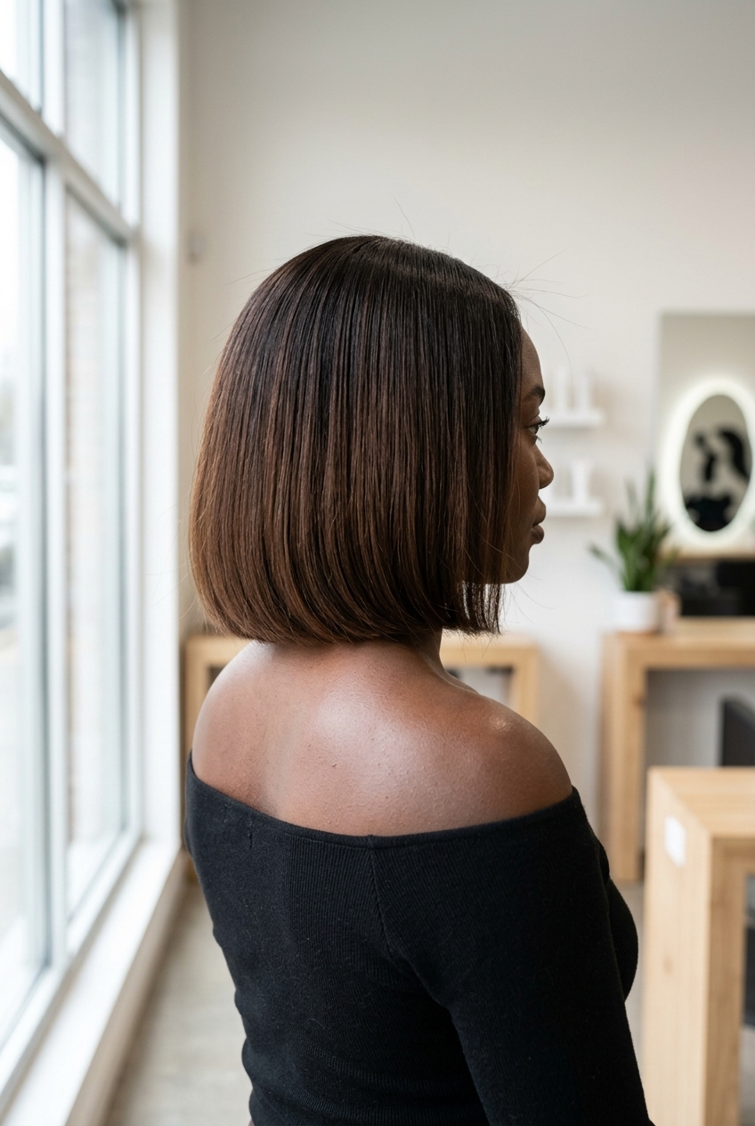 shoulder-length espresso melt bob with warm chocolate undertones, liquid brunette effect, no fringe — sleek