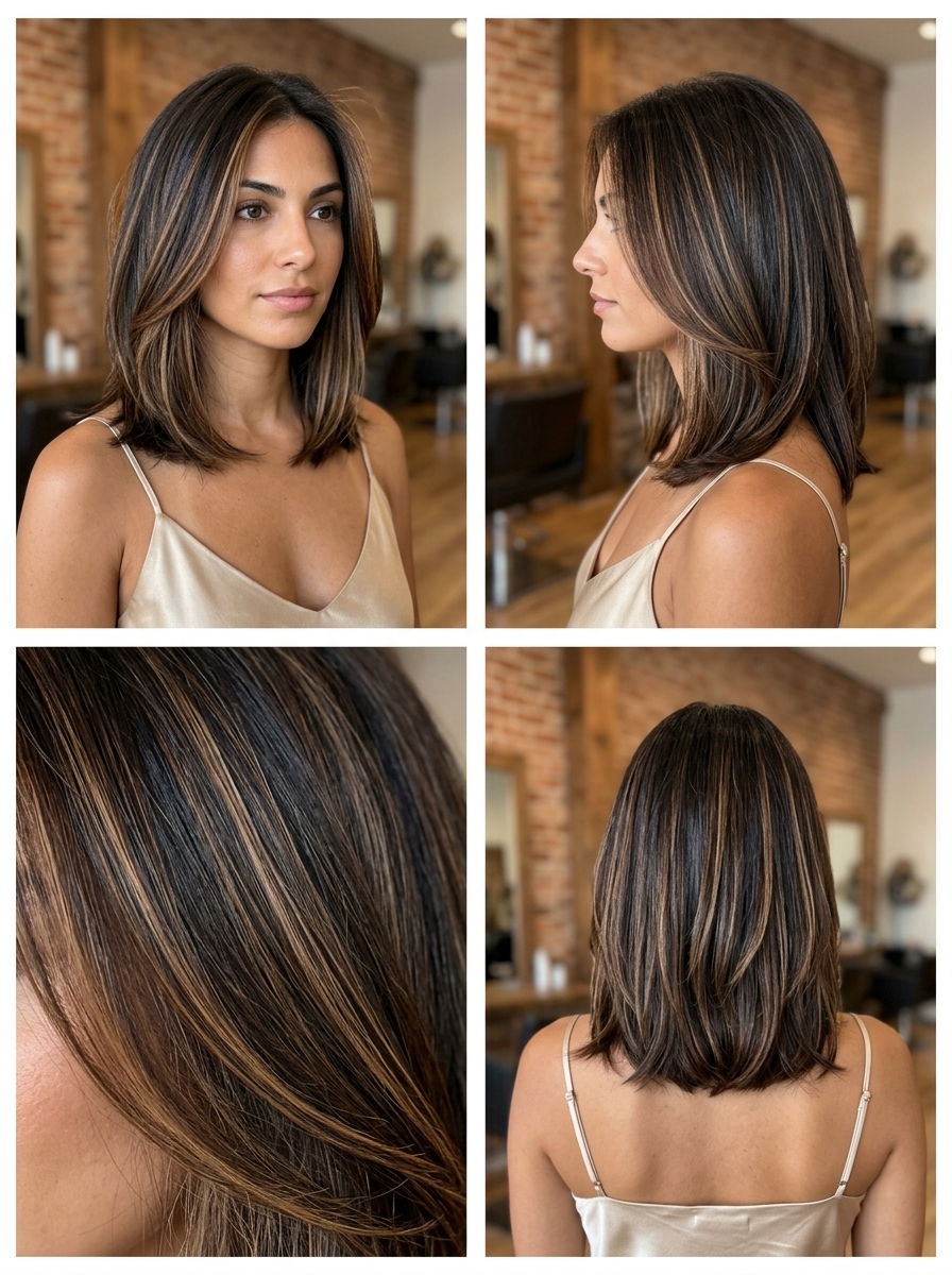 long espresso toffee ribbons with layered bob for summer