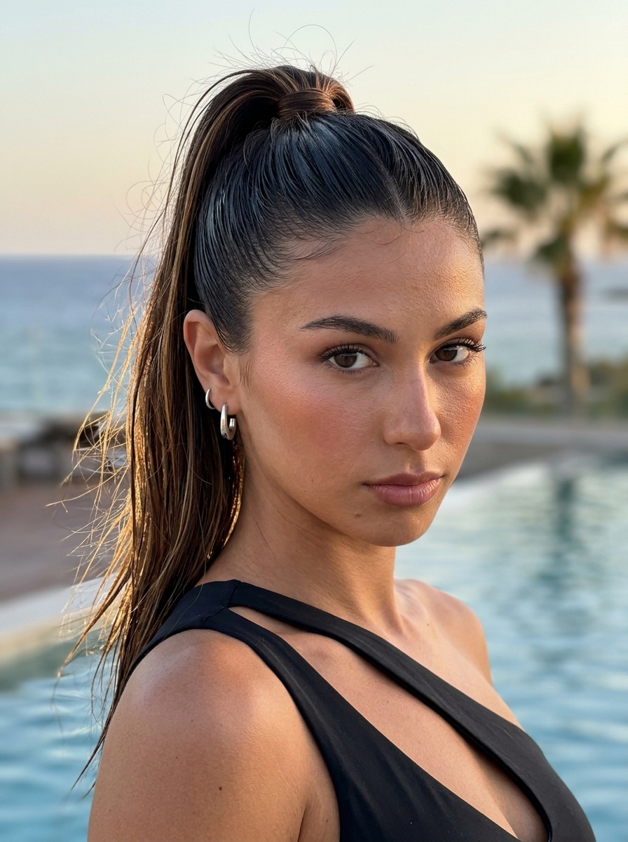 long expensive espresso ponytail with high-shine lacquer finish, sculpted ends, no fringe — edgy