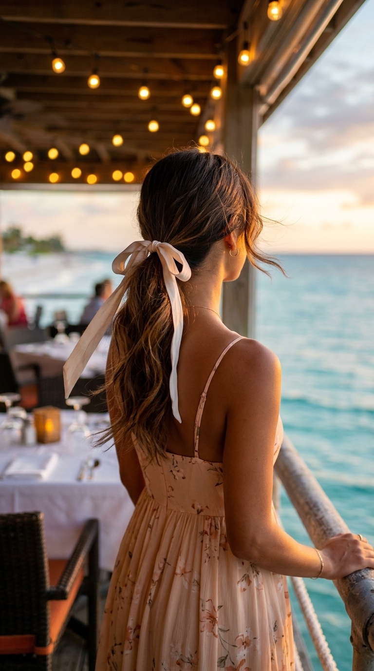long expensive espresso ponytail with cool-toned gloss, soft waves, face-framing pieces — romantic