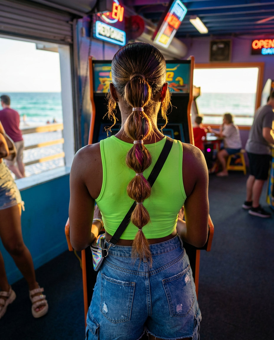 long fashion-color bubble braid pony with high-shine finish, uniform bubbles, and slicked-back roots for edgy festival