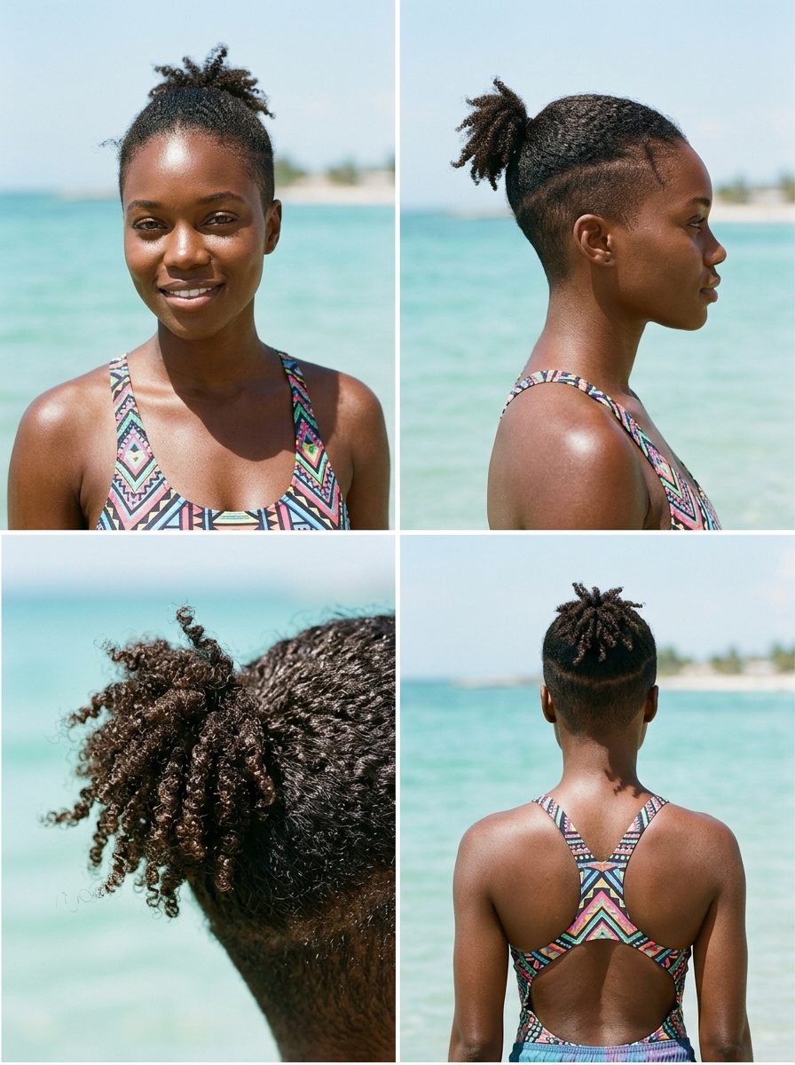 short pixie ponytail with peek-a-boo fashion color, textured mini-pony, no fringe — edgy casual look