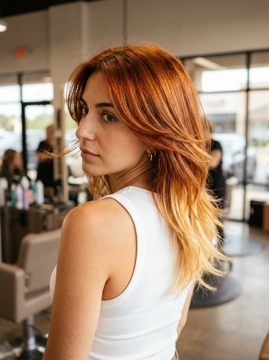 Fiery Auburn Dip-Dye: Edgy Contrast Hair 2026 textured lob fiery auburn with golden blonde dip-dye for edgy playful look