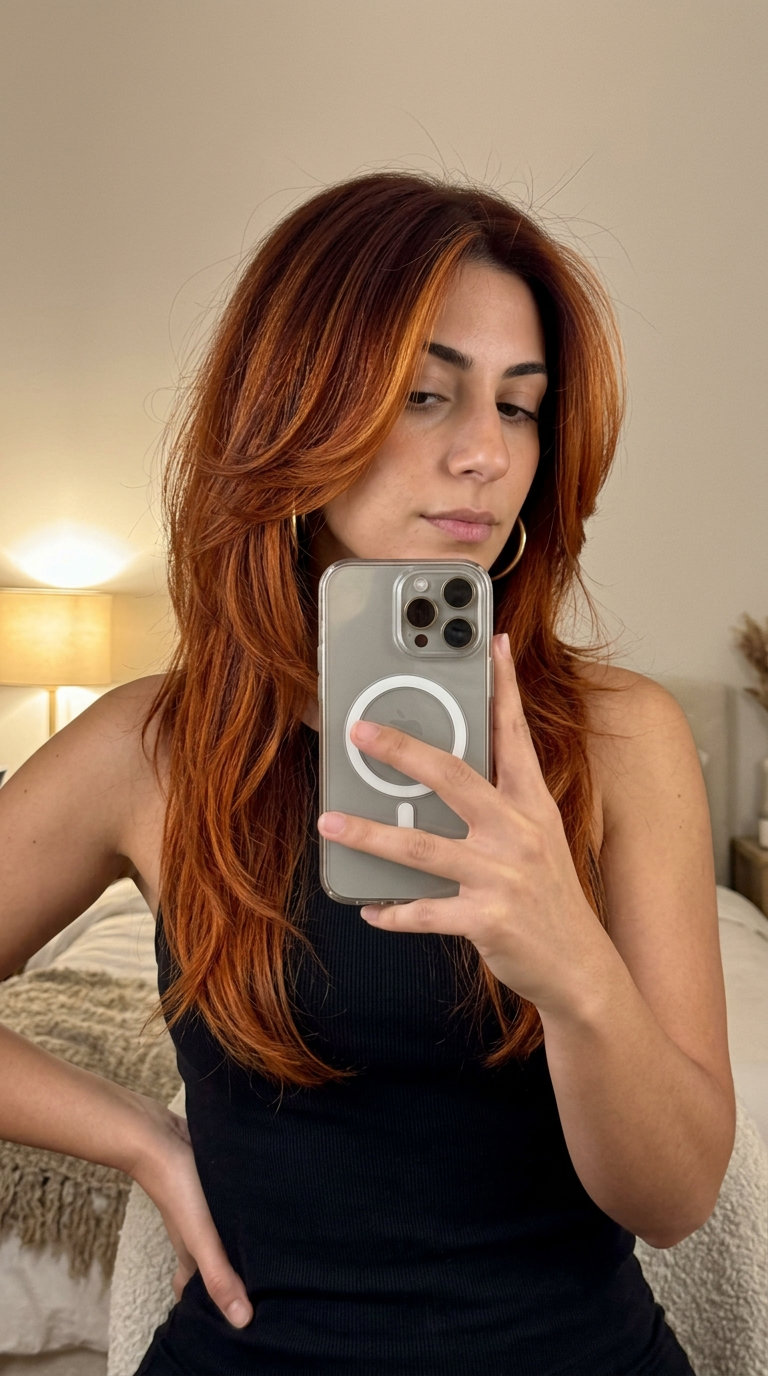 long butterfly haircut in fiery copper with golden amber babylights, layered V-shape back, glamorous event