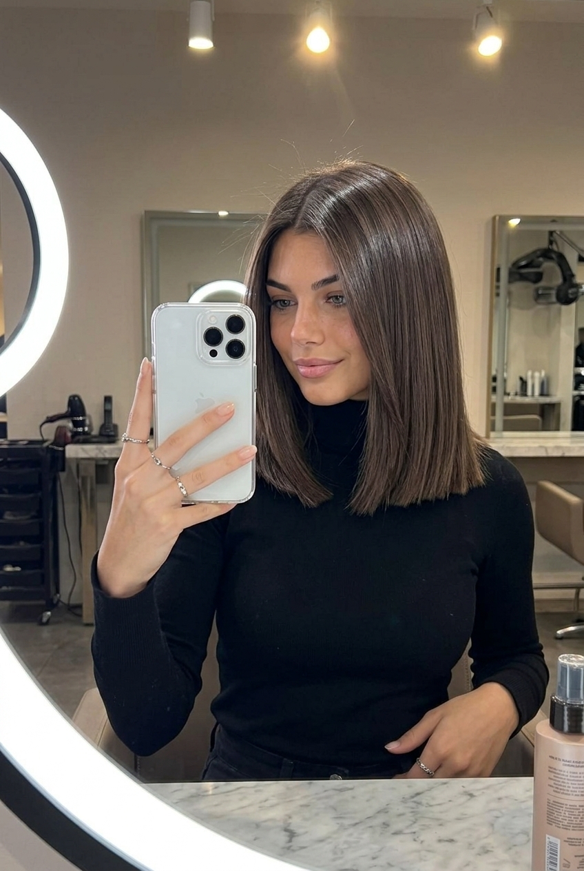 collarbone-length blunt cut in frosted cocoa brunette with a subtle frosted sheen, sleek and luxe — minimalist style