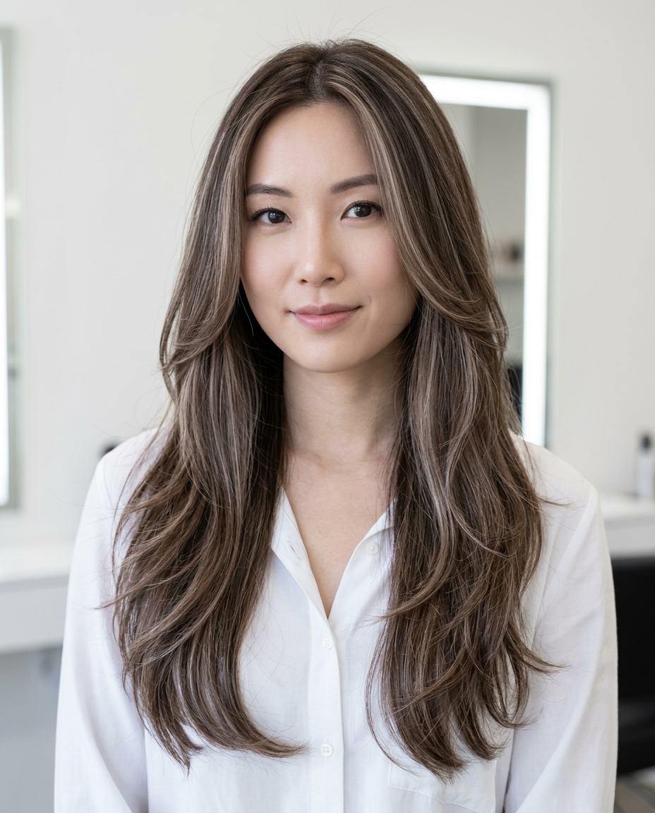 long butterfly layered brunette hair with frosted cocoa babylights, cool brown base with icy beige highlights for elegance