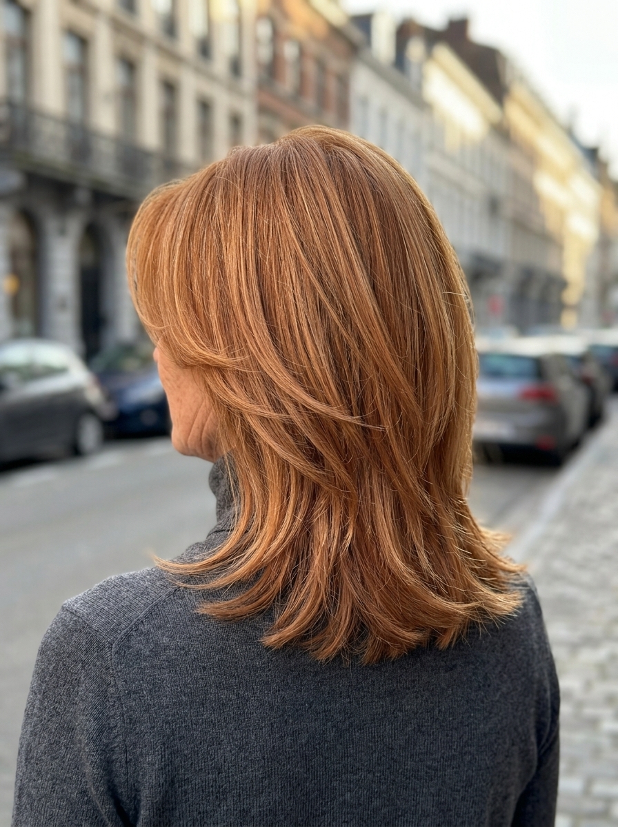 medium shullet haircut with warm ginger copper, strawberry blonde babylights, face-framing layers — edgy casual brunch
