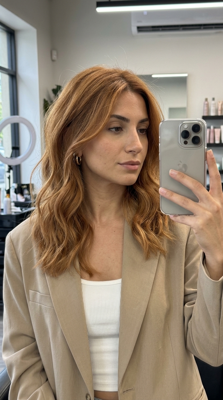Golden Auburn Root Melt Hair Color 2026 long golden auburn root melt with warm honey melt, invisible layers — effortless, sun-kissed