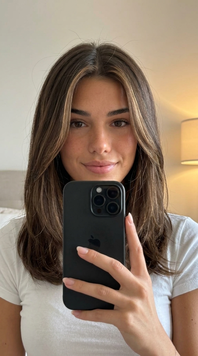 long espresso brunette hair color with golden-beige face-framing babylights, for summer