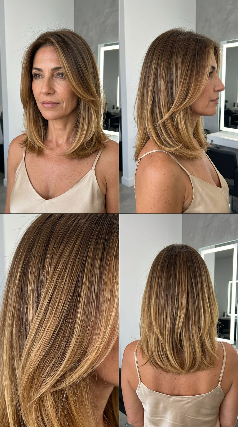collarbone-length lob haircut in golden blonde ombré with caramel gloss for playful sunkissed look