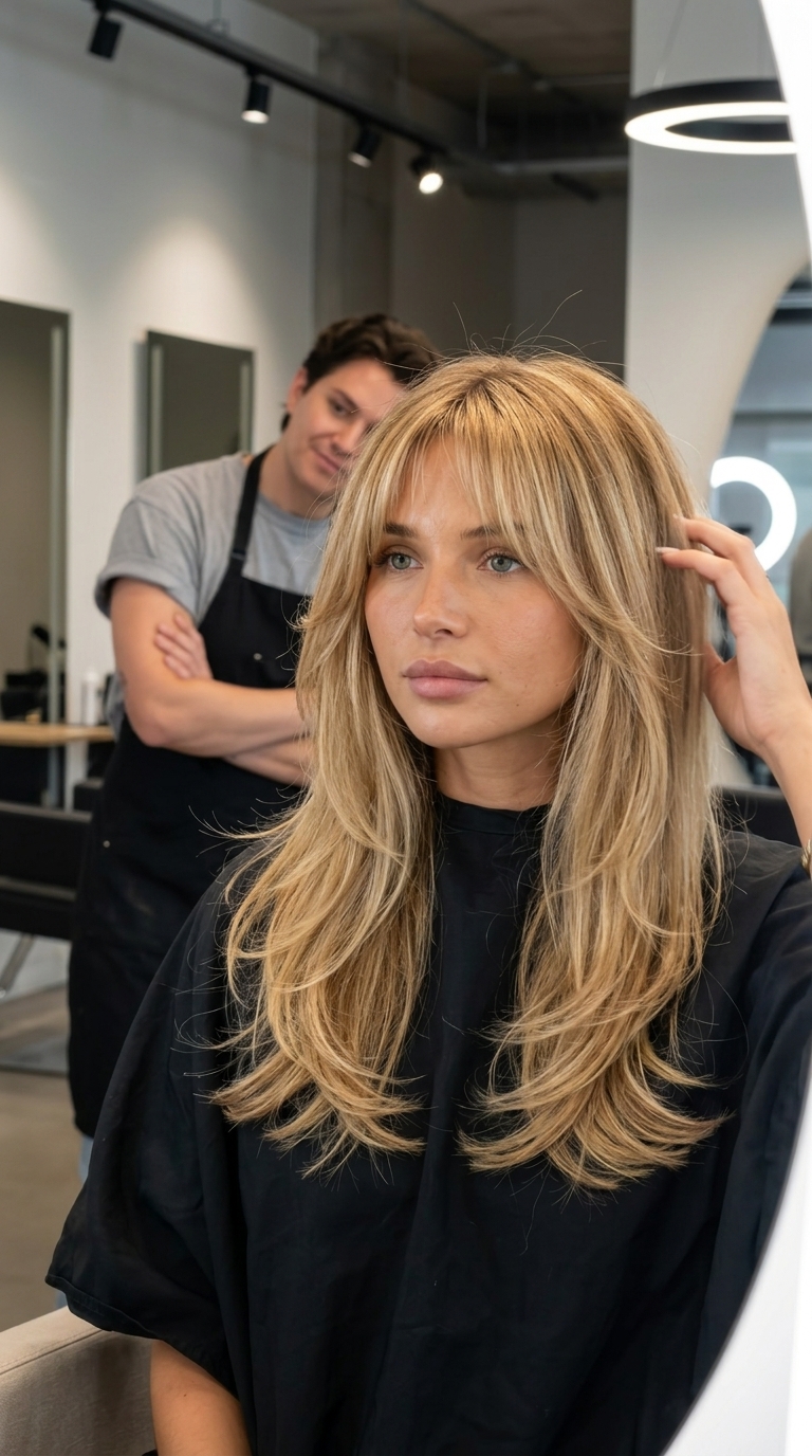 long golden blonde haircut with sweeping layers and Birkin bangs for summer