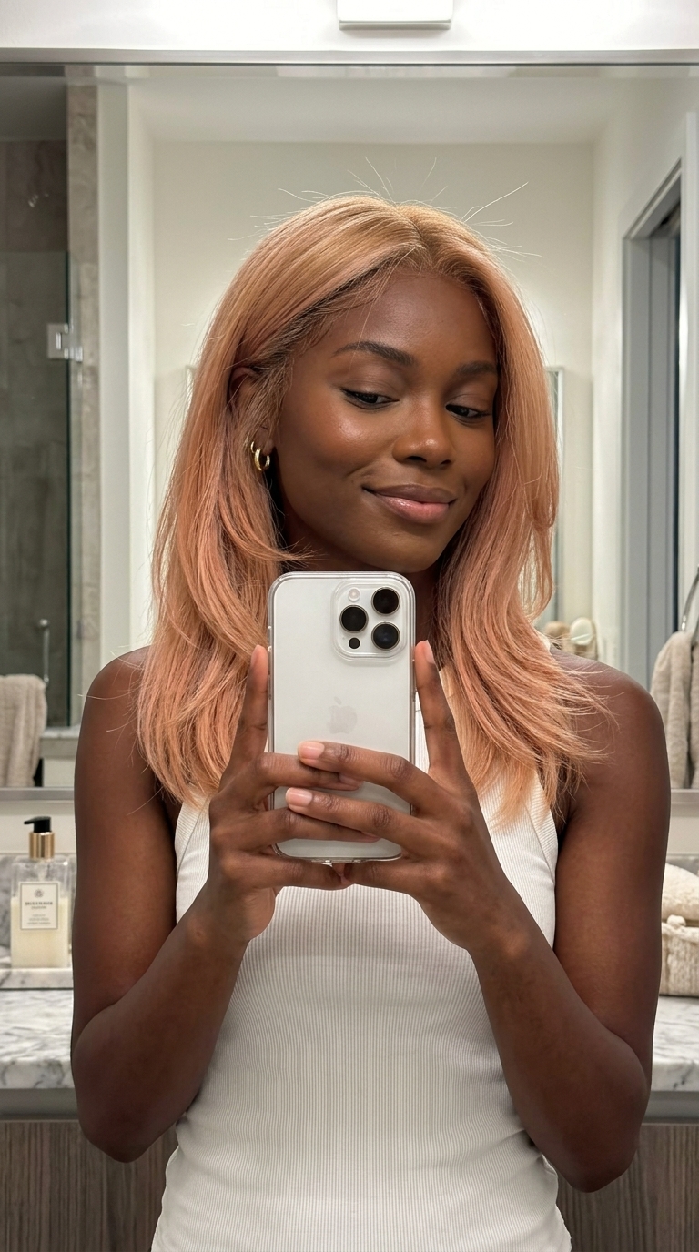long golden blonde to strawberry blonde ombre with peachy undertones, hand-painted blend, no fringe — romantic style
